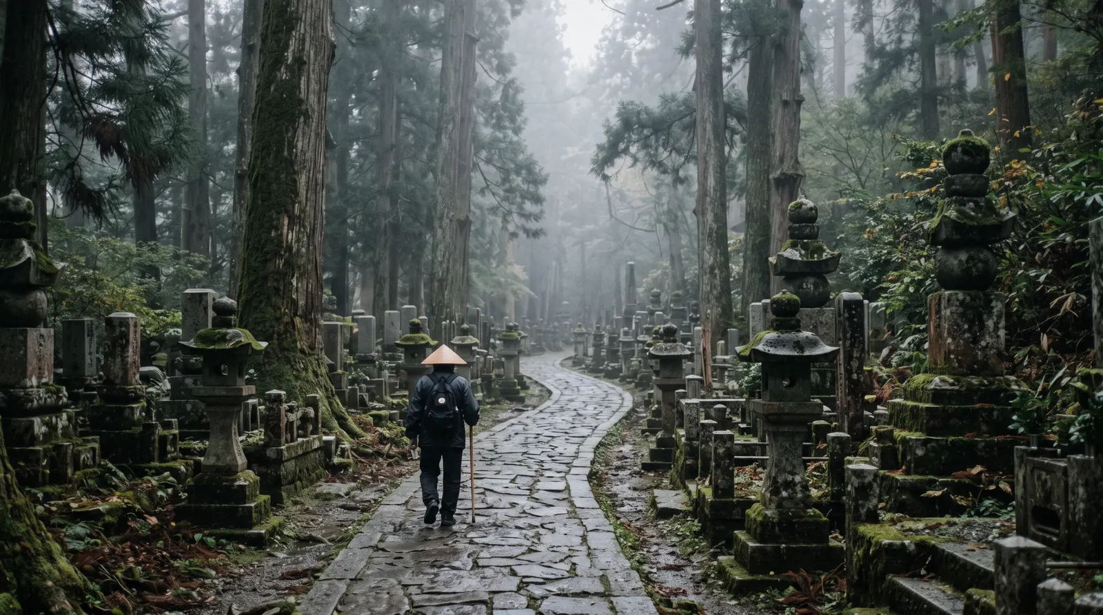 Cedar trunks and moss-covered stone memorials along the Okunoin path at Koyasan, reached on a day trip from Osaka Japan