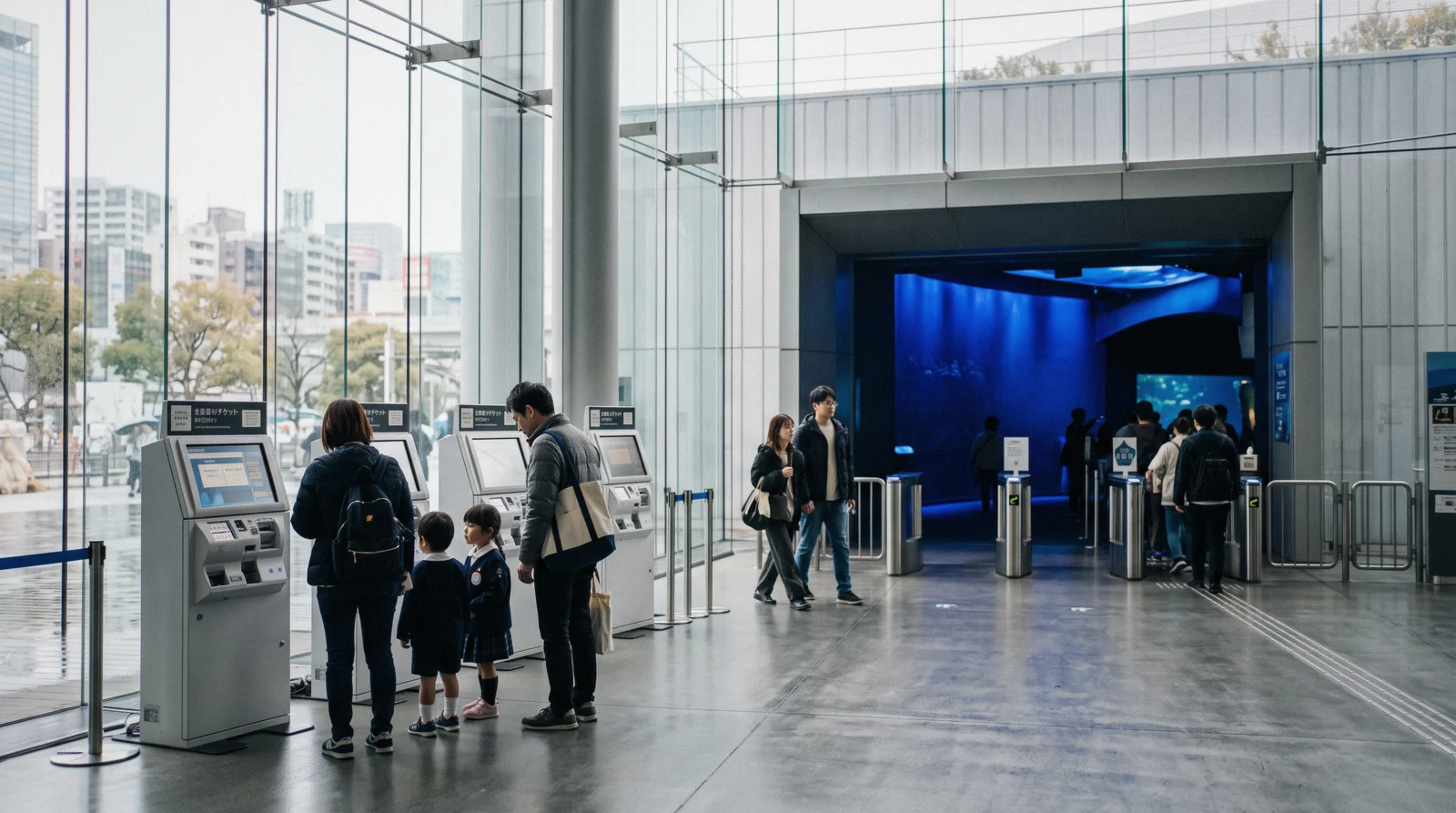 Visitors scanning e-tickets at the entrance gates of the Osaka Aquarium Kaiyukan, Osaka aquarium tickets Osaka Japan