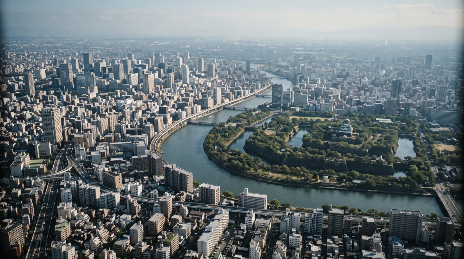 Central Osaka from a high vantage point in the late afternoon with the river bending between districts, Osaka map