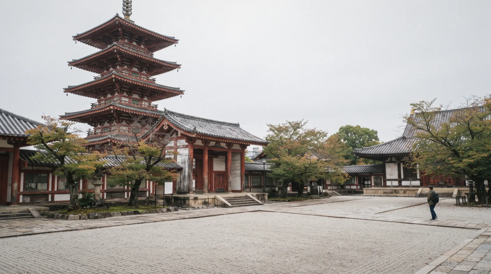The five-storey pagoda and Kondo hall inside the walled Central Precinct of Shitennoji temple, Osaka Japan